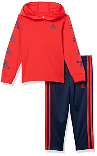 adidas Boys' Little 2 Piece Glitchy BOS Long Sleeve Hooded Tee Set, Vivid Red, 5