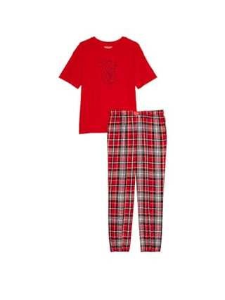 Victoria's Secret Flannel Jogger Teejama, PJ Set for Women, 2 Piece Lounge Set PJs, Flannel Pajamas Women, Women's Sleepwear, Red (XS)