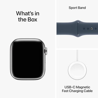 Apple Watch Series 9 [GPS + Cellular 41mm] Smartwatch with Silver Stainless Steel Case with Storm Blue Sport Band M/L. Fitness Tracker, Blood Oxygen & ECG Apps, Always-On Retina Display