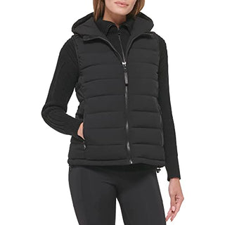 Calvin Klein Women's Hooded Casual Stretch Fabric Quilted Vest, Black, X-Small