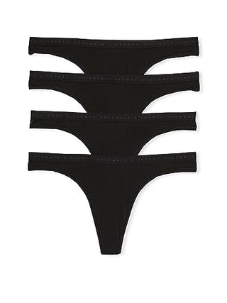 Victoria's Secret Cotton Thong Panty Pack, Smooth Fabric, Underwear for Women, 4 Pack, Black (M)