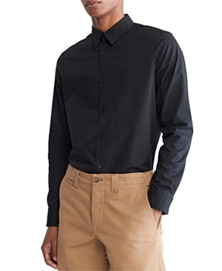Calvin Klein Men's Stretch Cotton Monogram Logo Button Down Shirt, Black Beauty, Large
