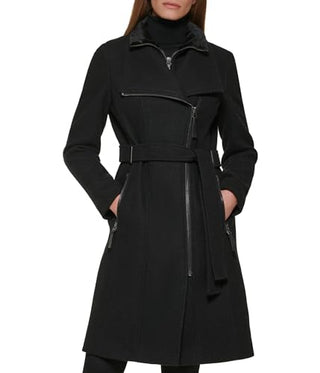 Calvin Klein Women's Angled Fabric Wing Collar Coat, Black Twill, XX-Small