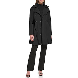 Calvin Klein Women's Double Breasted Belted Rain Jacket with Removable Hood, New Black, X-Small