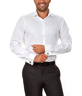 Calvin Klein Men's Dress Shirt Slim Fit Non Iron Herringbone French Cuff, White, 16" Neck 34"-35" Sleeve