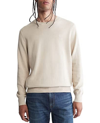 Calvin Klein Men's Supima Cotton Solid Monogram Logo Sweater, White Pepper, Large