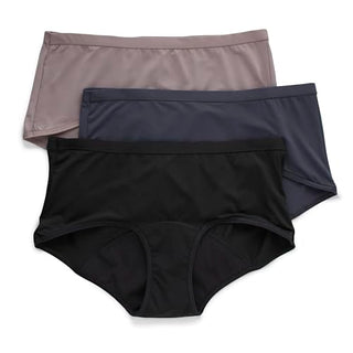 Hanes Women's Comfort, Boyshorts Period Underwear, Light Leak Protection, 3-Pack, Warm Steel/Peppercorn Grey/Black, 7