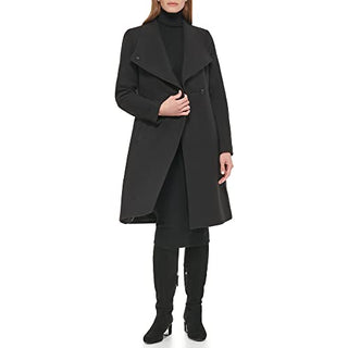 Calvin Klein Women's Ring Snap Detail Asymmetrical Closure Stand Collar Welt Pockets Coat, Black, X-Small