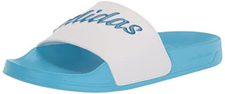 adidas Women's Adilette Slides Sandal, White/Blue Rush Met/Sky Rush, 8