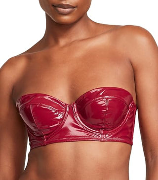 Victoria's Secret Faux Patent Leather Strapless Longline Balconette Bra, Women's Lingerie, Longline, Faux Leather, Red (38DD)