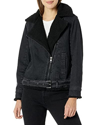 Calvin Klein Jeans womens Calvin Klein Jeans Oversized Belted Moto With Sherpa Denim Jacket, Falcon Black, X-Small US