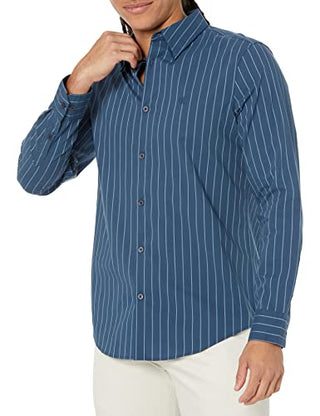Calvin Klein Men's Stretch Cotton Monogram Logo Stripe Button Down Shirt, Crayon Blue