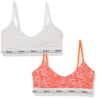 Hanes Women's Originals Crop Bralette Pack, Breathable Stretch Cotton Bras, 2-Pack, White/Pink Red Swirl Print, Medium