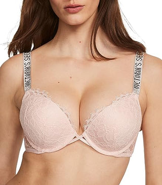 Victoria's Secret Bombshell Shine Strap Push Up Bra, Add 2 Cups, Plunge Neckline, Lace, Bras for Women, Very Sexy Collection, Pink (36C)