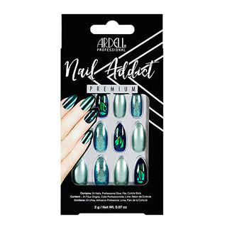 Ardell Nail Addict Premium Artificial Nail Set, Green Glitter Chrome, 24-Pc, Medium, Almond-Shape, DIY Press-On Nails, Quick and Easy To Use, with Glue, Cuticle Stick and Nail File