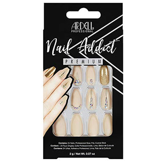 Ardell Nail Addict Premium Artificial Nail Set, Nude Jeweled Coffin Shaped With Gold Accents, 24 Press On Nails, Glue On Nails For An Easy Manicure