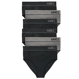 Hanes Women's Originals Seamless Stretchy Ribbed Hi-Leg Bikini Panties Pack, Assorted, 6-Pack, Black/Heritage Grey Marle, Medium