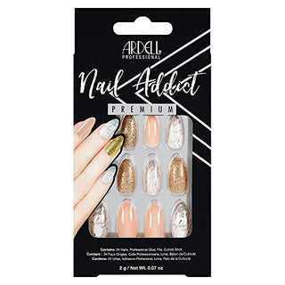 Ardell Nail Addict Premium Artificial Nail Set, Pink Marble & Gold 24-Pc, Medium-Length, Almond-Shape, DIY Press-On Nails, Quick and Easy to Use, with Glue, Cuticle Stick and Nail File