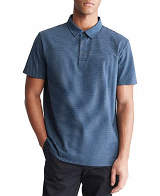 Calvin Klein Men's Smooth Cotton Monogram Logo Feeder Stripe Polo Shirt, Dark Sapphire, Small