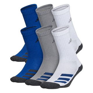 adidas Kids-Boy's/Girl's Cushioned Angle Stripe Crew Socks (6-Pair), White/Light Onix Grey/Team Royal Blue, Large