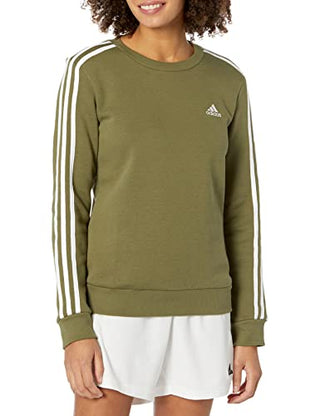 adidas Women's Essentials 3-Stripes Fleece Sweatshirt, Focus Olive/White, Large