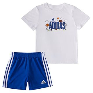 adidas Boys' Little Sleeve Cotton Graphic Tee & Short Set, White with Blue, 5