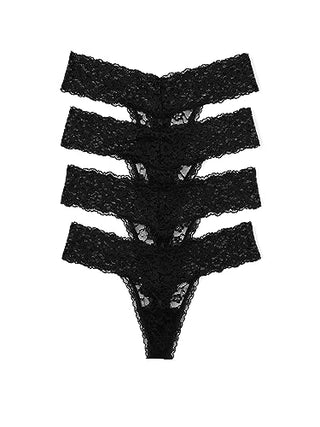 Victoria's Secret Lace Thong Panty Pack, Lay Flat Lace, Underwear for Women, 4 Pack, Black (M)