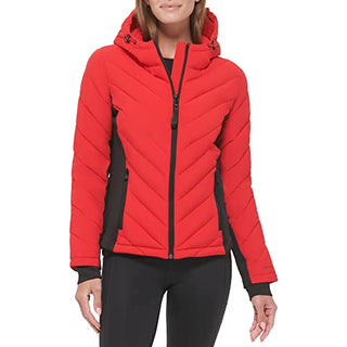 Calvin Klein Women's Scuba Side Panel and Sleeve Detail Adjustable Hood Zip PocketsPuffer, Mandarin Red, X-Small