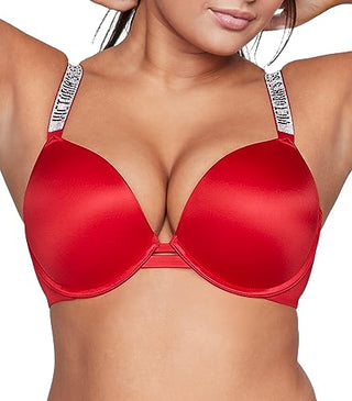 Victoria's Secret Shine Strap Push Up Bra, Adds One Cup Size, Padded, Plunge Neckline, Bras for Women, Very Sexy Collection, Red (34C)