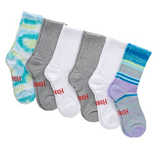 Hanes Originals Ultimate Women's, Ankle and No Show Socks, 6-Pack, Crew-Tie Dye Blue Green/Grey Assorted6 Pack, 5-9
