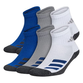 adidas Kids-Boy's/Girl's Cushioned Angle Stripe Quarter Socks (6-Pair), White/Light Onix Grey/Team Royal Blue, Large