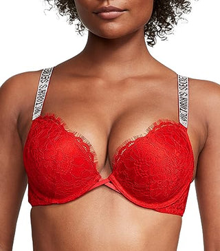 Victoria's Secret Bombshell Shine Strap Push Up Bra, Add 2 Cups, Moderate Coverage, Plunge Neckline, Lace, Bras for Women, Very Sexy Collection, Red (36C)