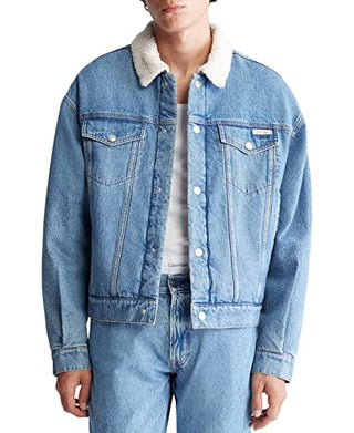 Calvin Klein Men's Essential Sherpa Casper Blue Trucker Jacket, Large