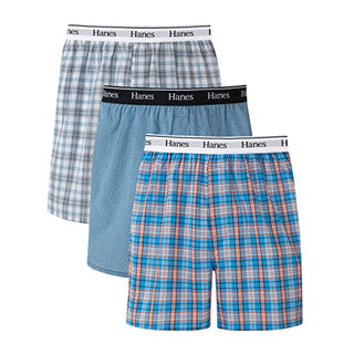 Hanes Originals Cotton Woven Boxers Pack, Moisture-Wicking Underwear for Men, 3-Pack, Blue Plaids, Large