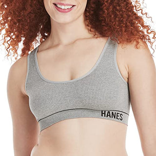Hanes Women's Originals Seamless Rib Crop Bralette, Wireless Scoop Pullover Bra, ComfortFlex Fit, Heritage Grey Marle, Medium
