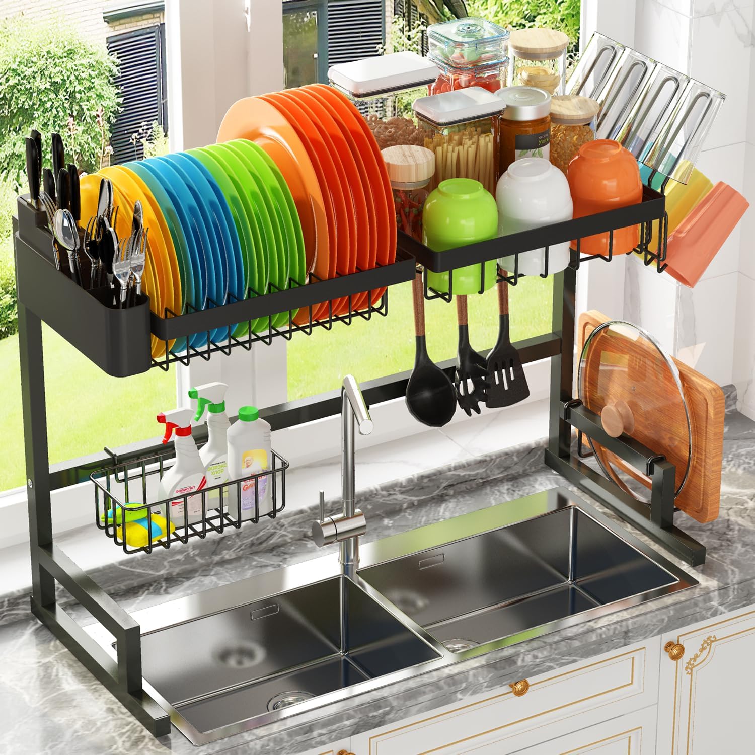 BBXTYLY Large Dish Drying Rack, 2 Tier Collapsible Dish Racks with  Drainboard，Drainage, Wine Glass Holder, Utensil Holder and Extra Drying  Mat, Dish