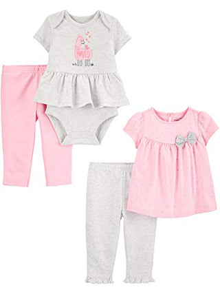 Simple Joys by Carter's Baby Girls' 4-Piece Bodysuit and Pant Set, Pink/Grey, Polka Dot/Llama, Newborn