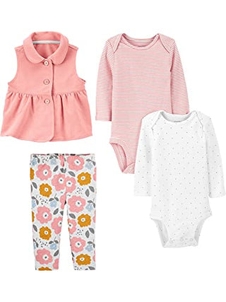 Simple Joys by Carter's Baby Girls' 4-Piece Bodysuit and Vest Set, Pack of 4, Pink/Stripe/White Dots/Floral, 0-3 Months