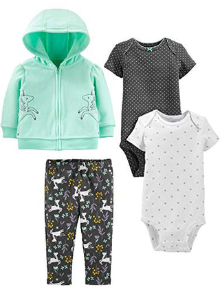 Simple Joys by Carter's Baby Girls' 4-Piece Jacket, Pant, and Bodysuit Set, Black Dots/Mint Green Unicorn/White Snowflake/Floral, 0-3 Months