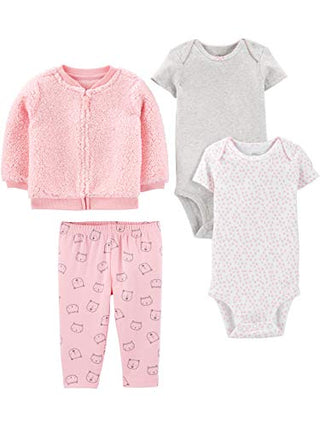 Simple Joys by Carter's Baby Girls' 4-Piece Jacket, Pant, and Bodysuit Set, Grey/Pink/White Hearts/Cat, 0-3 Months