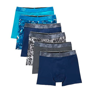Hanes Boys' Big Performance Tween Boxer Briefs Underwear, Assorted Prints & Solids, 6-Pack, Blue/Grey