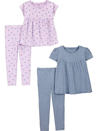 Simple Joys by Carter's Baby Girls' 4-Piece Short-Sleeve Shirts and Pants Playwear Set, Pack of 2, Blue Stripe/Lilac Fruit, 18 Months