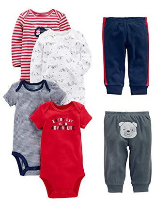 Simple Joys by Carter's Baby Boys' 6-Piece Bodysuits (Short and Long Sleeve) and Pants Set, Multicolor/Dogs/Stripe/Text Print, 12 Months