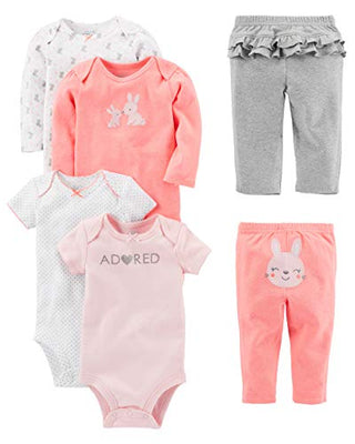 Simple Joys by Carter's Baby Girls' 6-Piece Bodysuits (Short and Long Sleeve) and Pants Set, Multicolor/Bunny/Dots/Text Print, Newborn