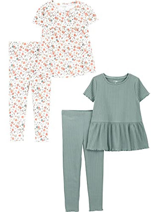 Simple Joys by Carter's Baby Girls' 4-Piece Short-Sleeve Shirts and Pants Playwear Set, Pack of 2, Green/White Floral, 18 Months