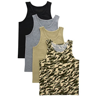Hanes Big Boys Tank Undershirts, Moisture Wicking Cotton Stretch, 4-Pack, Black/Gray/Camo Assorted