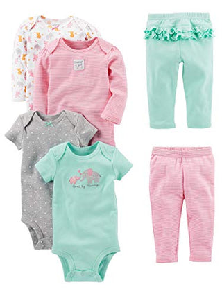 Simple Joys by Carter's Baby Girls' 6-Piece Bodysuits (Short and Long Sleeve) and Pants Set, Aqua Blue Elephant/Grey Dots/Pink Stripe/White Forest Animals, Preemie