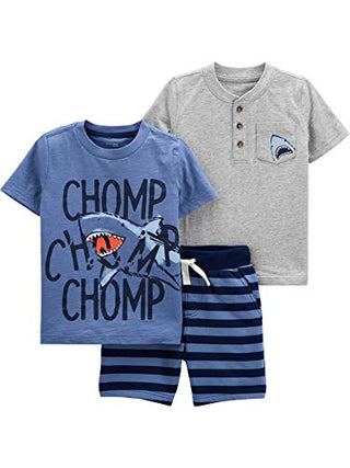 Simple Joys by Carter's Baby Boys' 3-Piece Playwear Set, Blue Chomp/Grey Shark/Stripe, 12 Months
