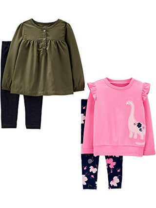 Simple Joys by Carter's Baby Girls' 4-Piece Long-Sleeve Shirts and Pants Playwear Set, Black/Navy Floral/Olive/Pink Dinosaur, 18 Months