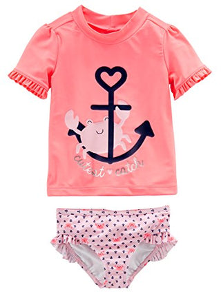 Simple Joys by Carter's Baby Girls' 2-Piece Assorted Rashguard Sets, Pink Anchor Print/Salmon Pink Crab, 12 Months